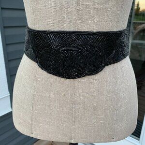Vintage Black Fully Beaded Silk Cummerbund Waist Cinch Belt Retro Gala Disco